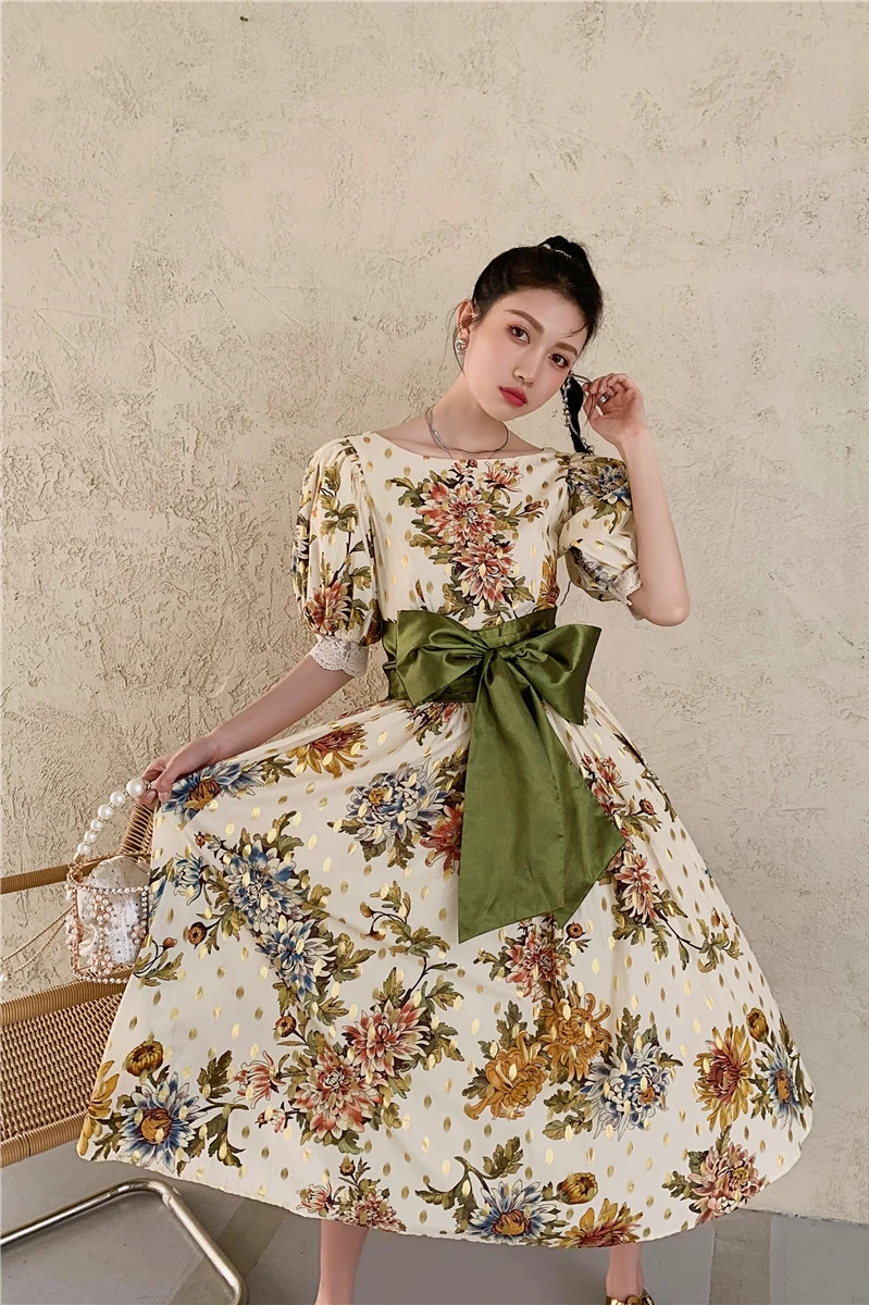

CHEERART 80s Clothes Vintage Floral Long Dress Women Tunics Backless Puff Sleeve Lace Up Bow Gold Midi Evening Dress Elegant