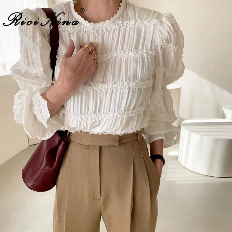 RICININA кружевная блузка для женщин белая длинный с пышными рукавами однотонная