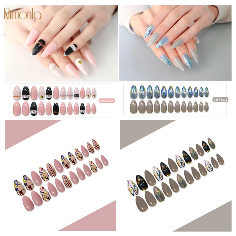 

24Pcs/box Fashion Short Full Cover Nails French Stiletto Nail Art Tips Cool Pattern Designs Detachable Fake Nails New 2020