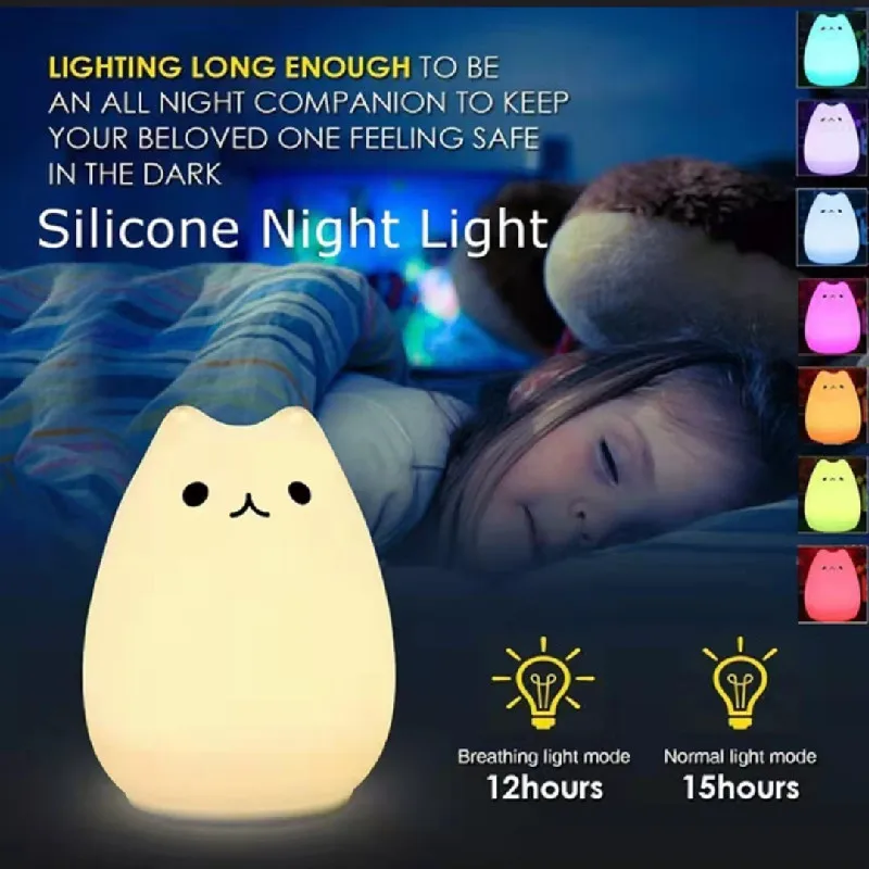 

Светодиодный ночник, Детская прикроватная настольная лампа, Повтор настроения, s, Мягкая силиконовая лампа в виде кошки, украшения с 7 цветны...
