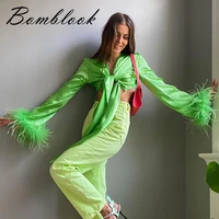 bomblook 2022 new arrival satin t hirt top ostrich feather flared long sleeves v neck bow woman tshirt