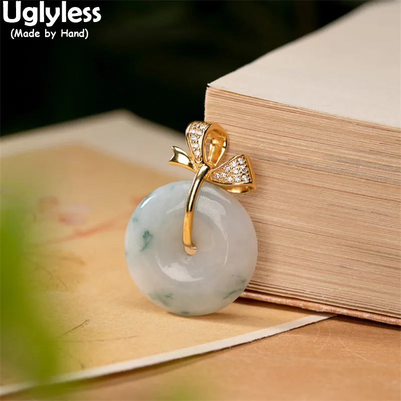 

Uglyless Crystals Bow Necklaces for Women Classic Gemstones Peace Button Pendants Necklaces NO Chain Emerald 925 Silver Necklace