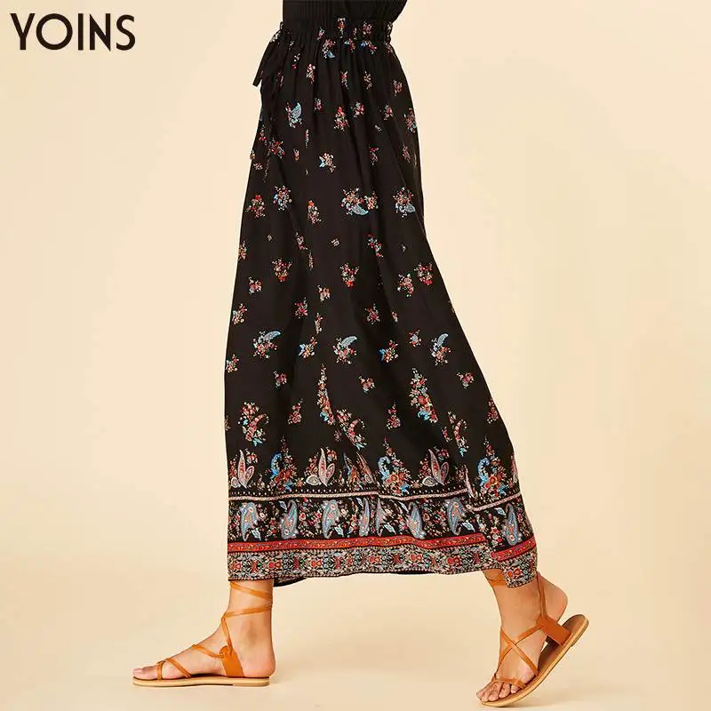 Женская плиссированная юбка YOINS черная длинная макси в богемном стиле с