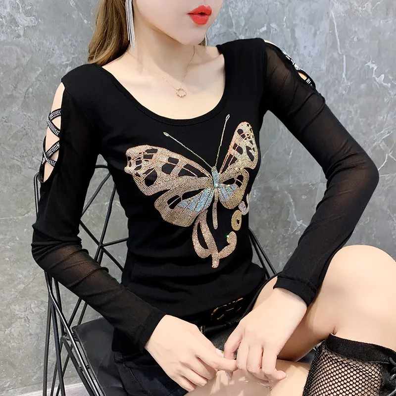 

#5528 Black Red Mesh Top Stretch T Shirt Women Butterfly Backless T Shirt For Girl Sexy Club Off Shoulder T-shirt With Diamonds