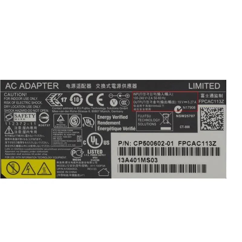 Оригинальное зарядное устройство для ноутбука 100 Вт FUJITSU FMV Lifebook N7010 S6510 S7210 19V 5.27A