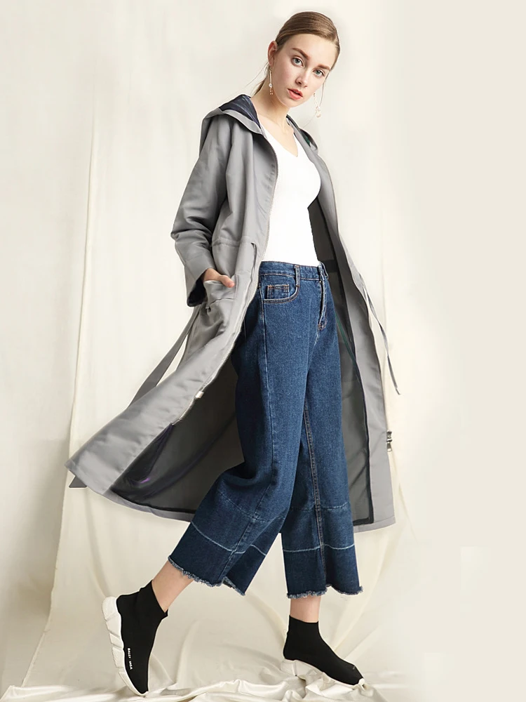 

Autumn and winter new large size women's wear long bandage waist contracted simple hooded temperament women's windbreaker coat