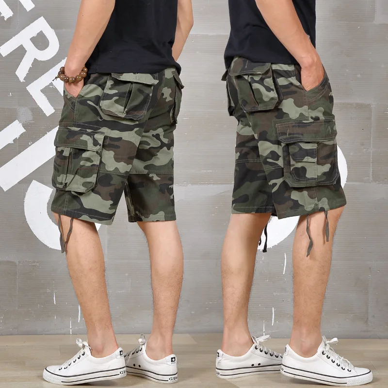 Summer Men Cargo shorts Baggy Multi Pocket Military Camo Shorts Loose Hot Breeches Male Long Camouflage Bermuda Capris Plus Size