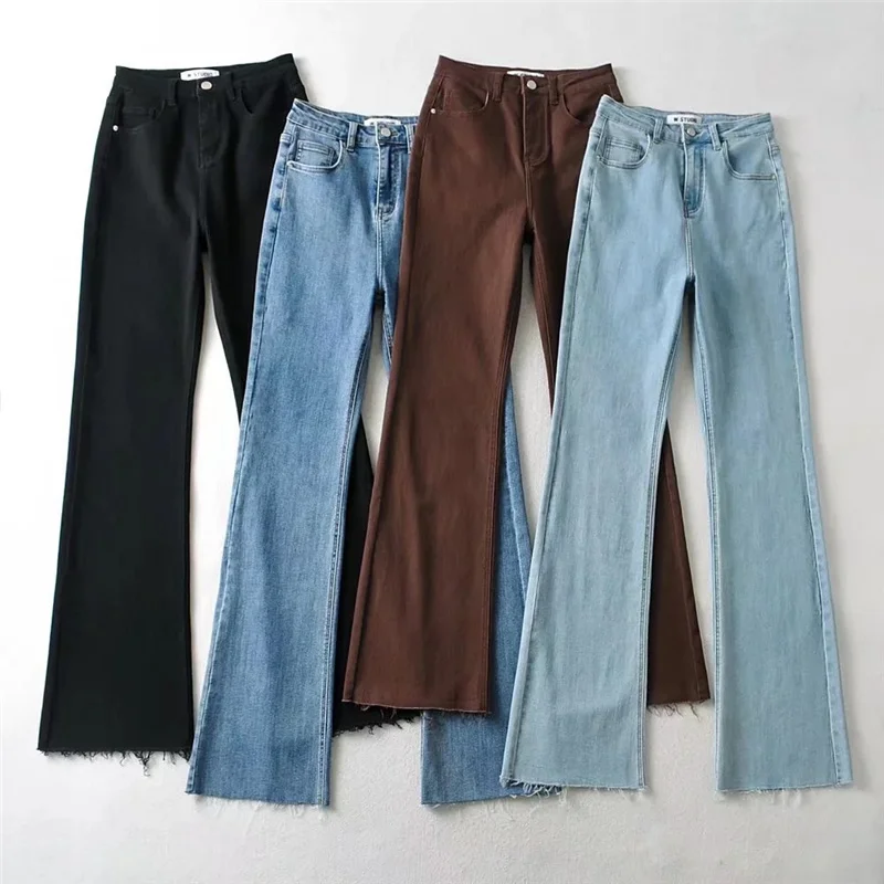 

Wide Leg Jeans Women's Clothing 2021 Autumn New Fashion Trendy Stretchy Burr Bootcut Trousers Slim High Waist Solid Flared Pants
