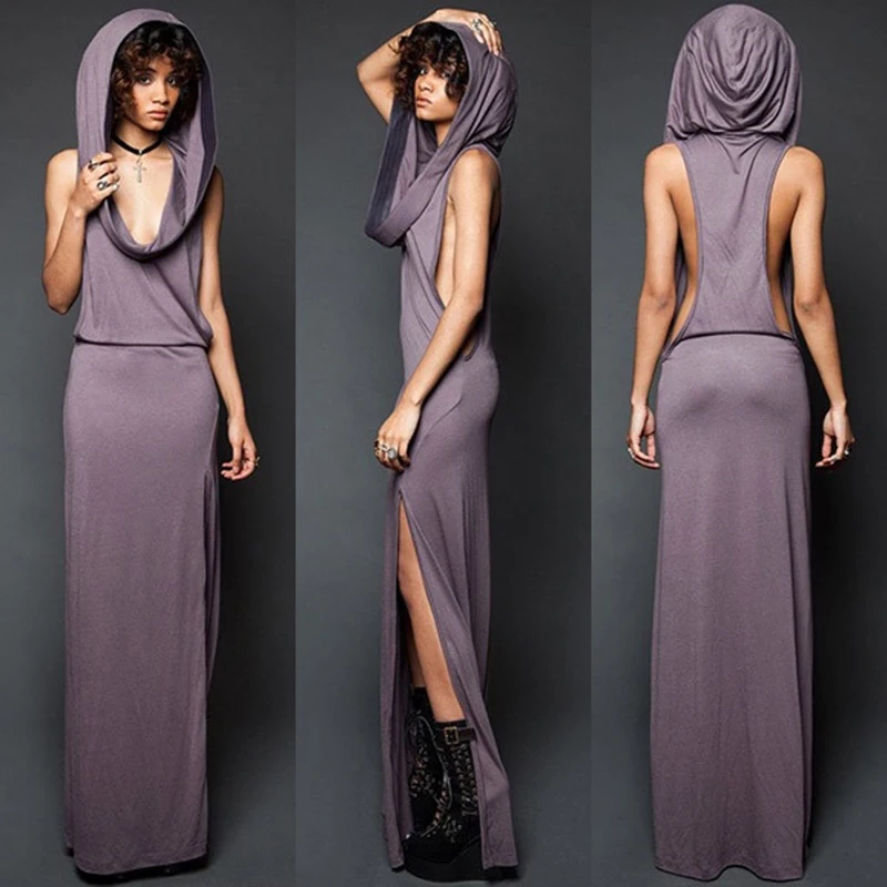 Фиолетовый Imily Bela Vintage Hooded Maxi Dress Women Sexy Sleeveless Side Slit Split Bodycon Long Dress Femme Rome Open Side Vestidos - Цвет: Фиолетовый