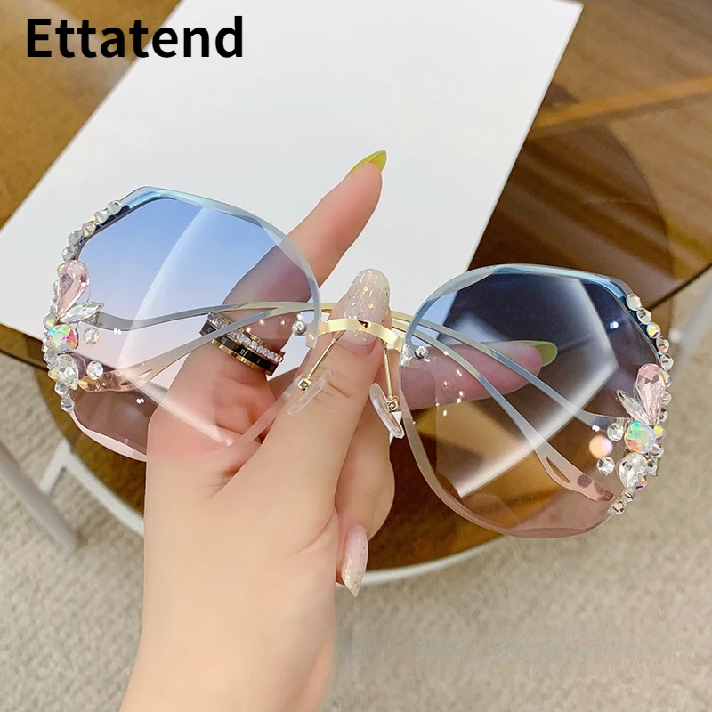 

Luxury Diamond Rimless Sunglasses Women Brand Designer Sun Glasses Rhinestone Female Eyewear Vintage Shades Female Eyeglasses
