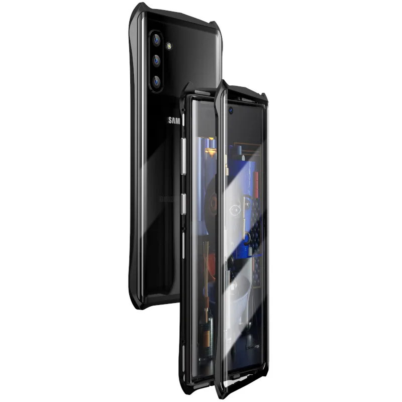 Магнитный чехол для samsung Galaxy Note10 Plus 5G, прозрачный металлический стеклянный магнит, защитный чехол для samsung note 10 360 - Цвет: Черный