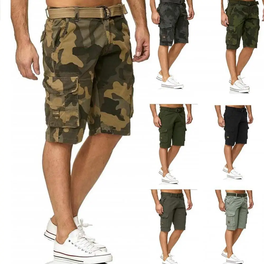 

2021 summer Men Multi-Pocket Military Camo Sports Cargo Shorts Fifth Pants with Waist Belt Sport Shorts