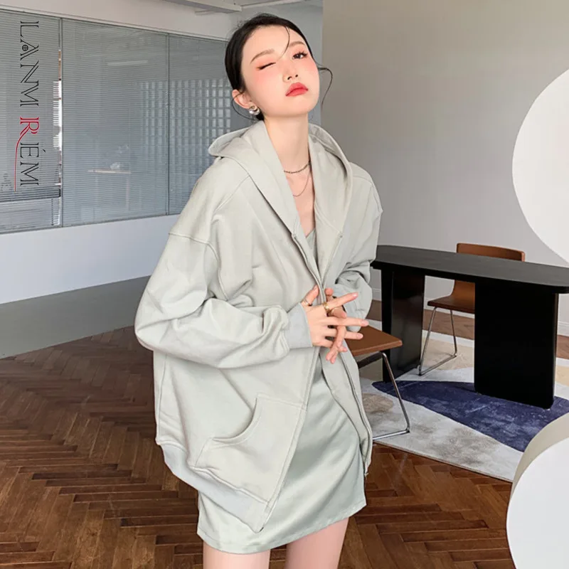 

Женское свободное повседневное пальто LANMREM, однотонное пальто на молнии с длинными рукавами, модная одежда, 2T1374