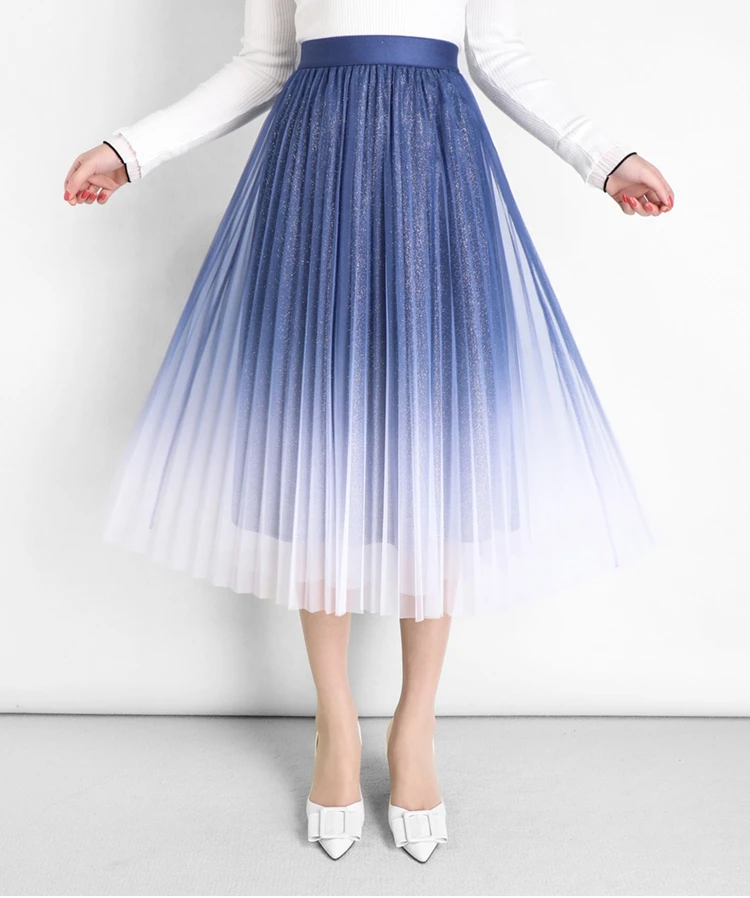 

2021 Spring WOmen's Tulle Skirt 3 layers BlingBling Gradient Pleated Midi Skirt ladies Tutu Mesh Long Skirt