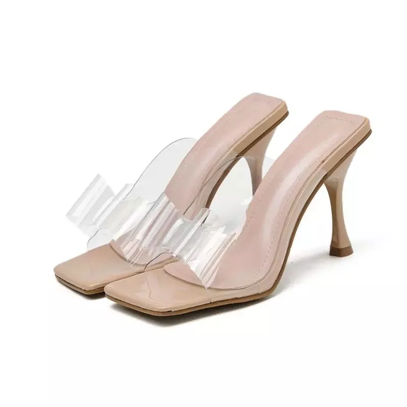 

Fashion Transparent Women Shoes Bowknot Slippers High Heels Square Toes Women Mules PVC Jelly Shoes Ladies Open Toe Shoes