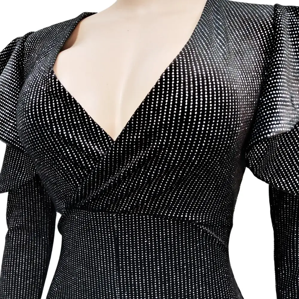 

Elegant Hot Drilling Black Jumpsuit Women Casual Hollow Out Long Flare Sleeve Women Jumpsuit Sexy V Neck Ruffles Slim Overalls
