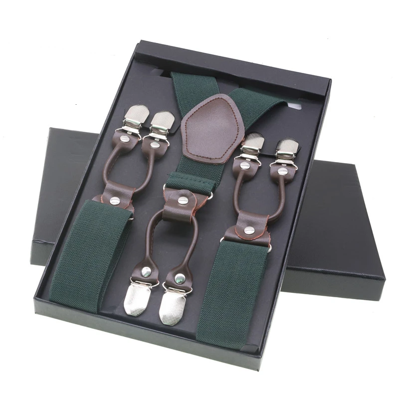 Green With Box Мужские модные подтяжки коричневые из натуральной кожи 6 зажимы подтяжек винтажные повседневные брюки в западном стиле регулируемые подтяжки - Цвет: Green With Box