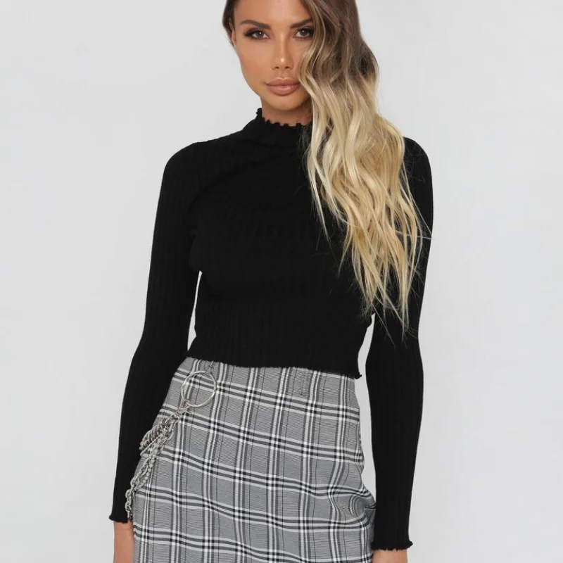 

Женская трикотажная футболка с длинным рукавом, однотонный облегающий укороченный топ с высоким воротником, Осень-зима 2021