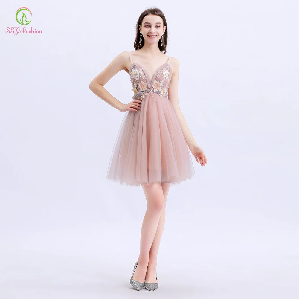 Женское коктейльное платье SSYFashion Розовое Кружевное Платье До Колена С V образным