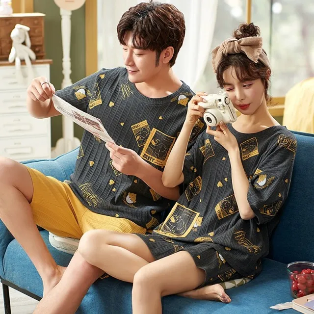 

Couple Nightwear Suit Summer Sweet Cute Short Sleeve Women Pajamas Kawaii Heart Pattern Homewear Men Plus Size Cotton Sleepwear