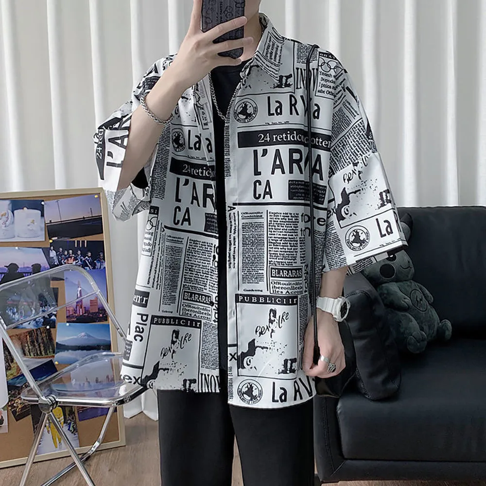 Рубашка мужская с принтом газет корейский стиль хип-хоп уличная одежда в стиле