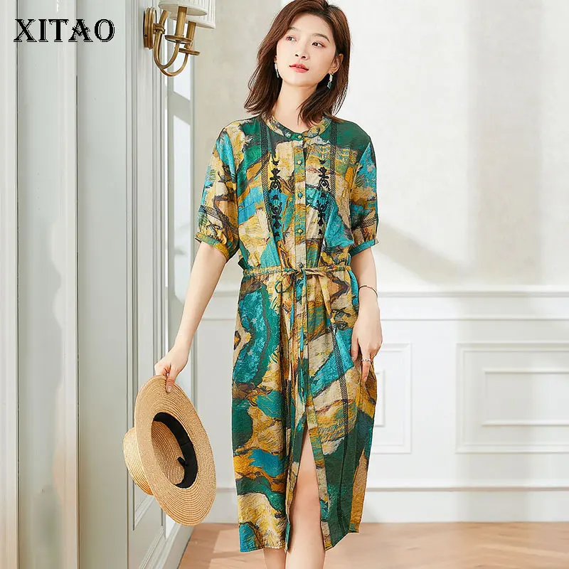 

XITAO/платье с рисунком, с поясом, на завязках, в стиле пэчворк, свободное летнее освежающее платье средней длины с короткими рукавами, WMD1198