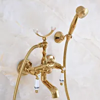 Luxury Gold Color Brass Wall Mount Bathroom Bath Tub Faucet Set WITH/ 1.5M Handheld Shower Spray Head Mixer Tap Dna905