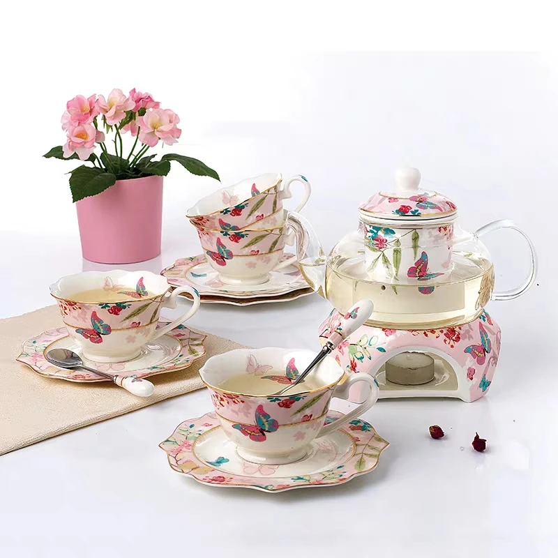 

Модный чайный сервиз с бабочками, цветами, Сакурой, кофейный сервиз, Подогреваемая теплая чайная плита, стеклянный чайник, керамическая кофейная чашка, блюдце, ложка, набор