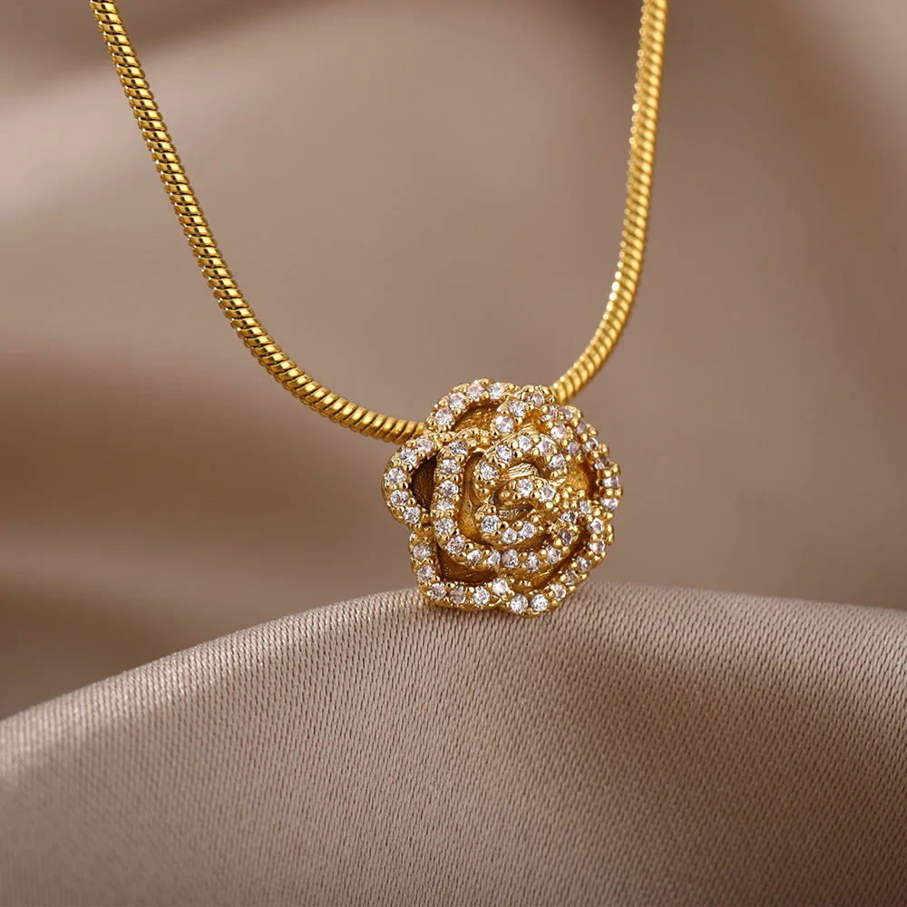 

Zircon Flower Necklaces For Women Stainless Steel Crystal Flower Choker Pendant Chain Necklace Jewelry Gift Bijoux Femme