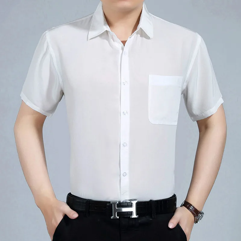 Мужская приталенная рубашка из натурального шелка белая формальная