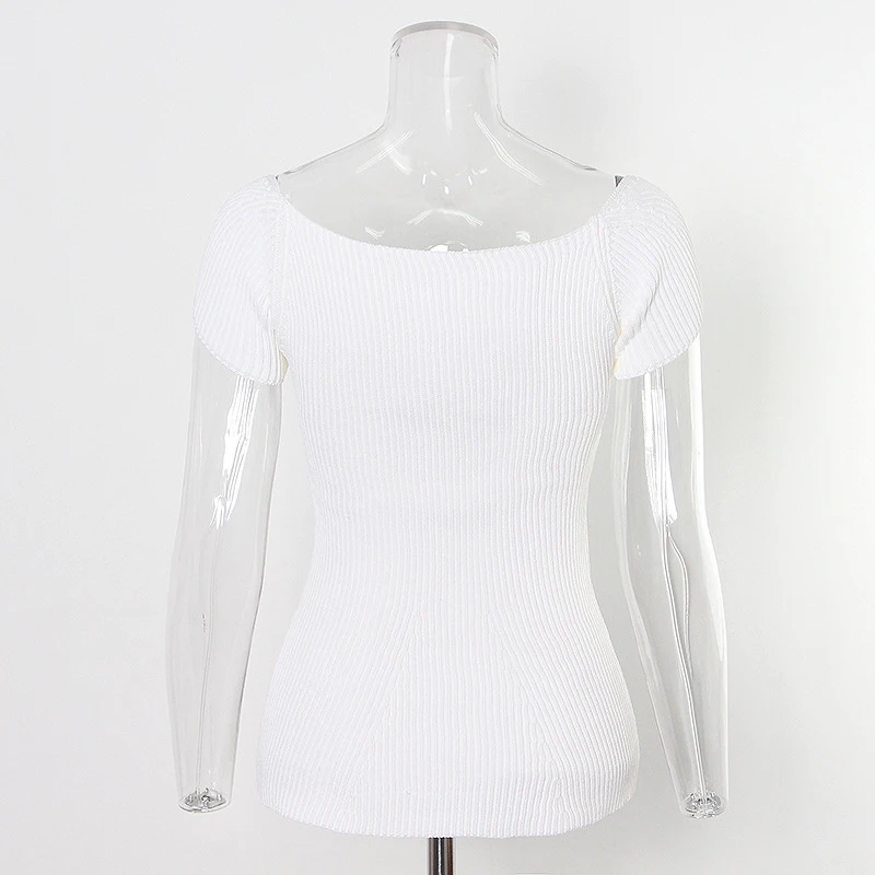 

ECRURANI Casual Knitting Shirt Women Square Collar Short Sleeve Slim Solid Blouse Female Fashion Summer Clothing 2021 New Style