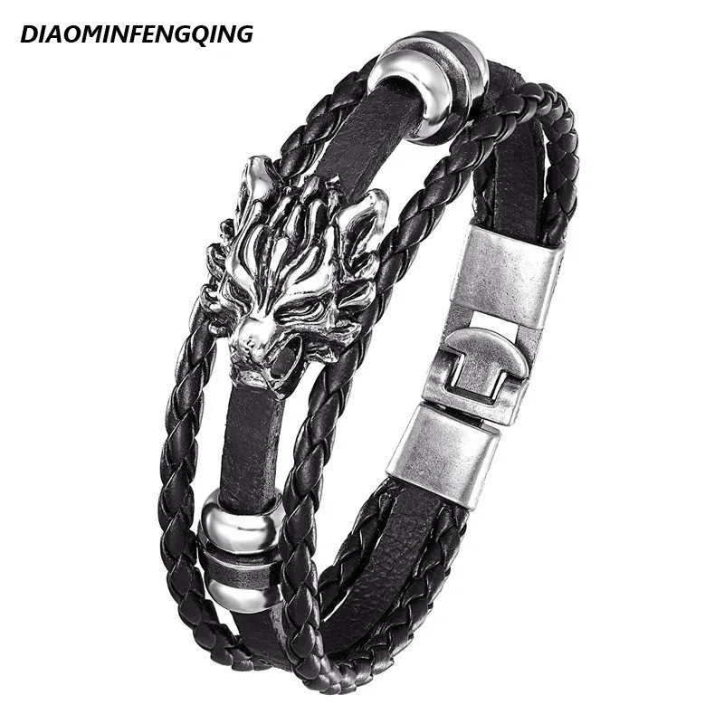 

2020 Fashion Vintage Leather Bracelet Men's Wolf Head Multilayer Woven Woman Pulseira Masculina