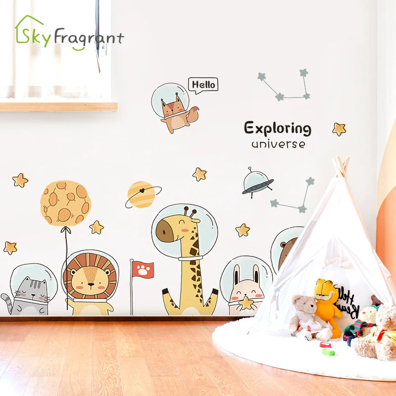 Милые наклейки на стену с изображением космонавта и животных для детской комнаты