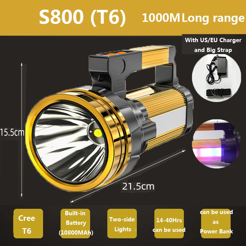 

100 лм, 1000 Вт, фонарь дальнего действия м, мощный поисковый фонарь, портативный Точечный светильник с босветильник щением, перезаряжаемый фонарь для кемпинга