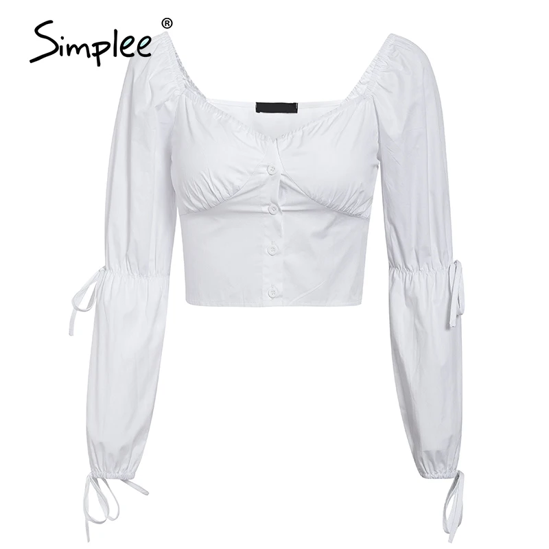 Simplee Vintage elegant white women blouses shirt Casual button blouse twist lace up Spring summer holiday blusas mujer shirts | Женская