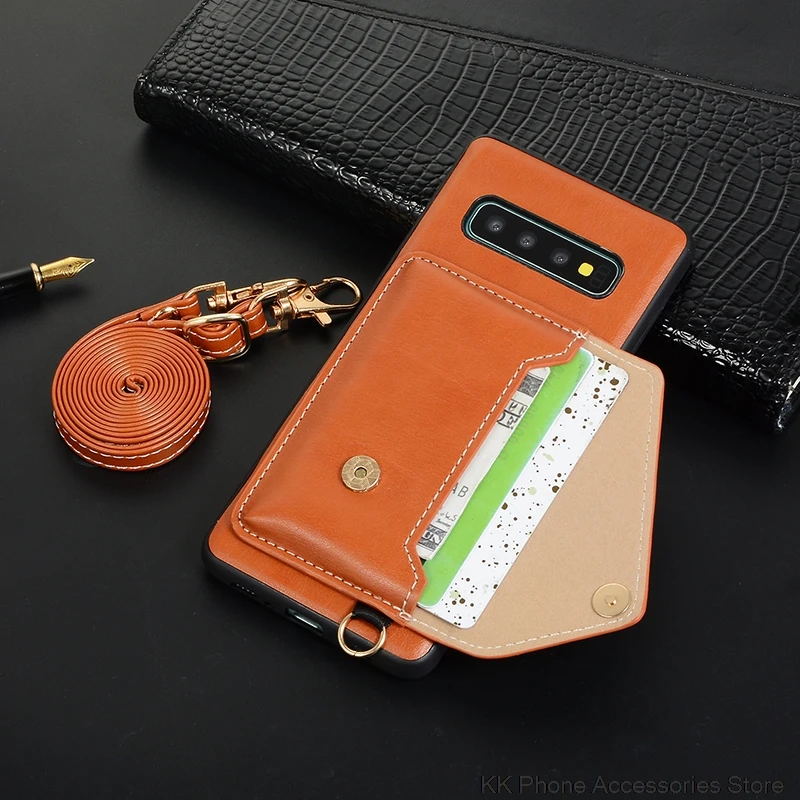 Ретро кожаный чехол с карманом для карт для samsung S9 S10 Plus S10e кошелек через плечо длинный ремешок задняя крышка для samsung Note 9 чехол для телефона