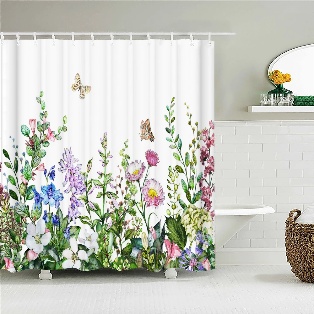 

3D Printed Fresh Flowers Butterfly Shower Curtain Colorful Floral Plant Leaves Waterproof Bathroom Curtains Decor Shower Curtain