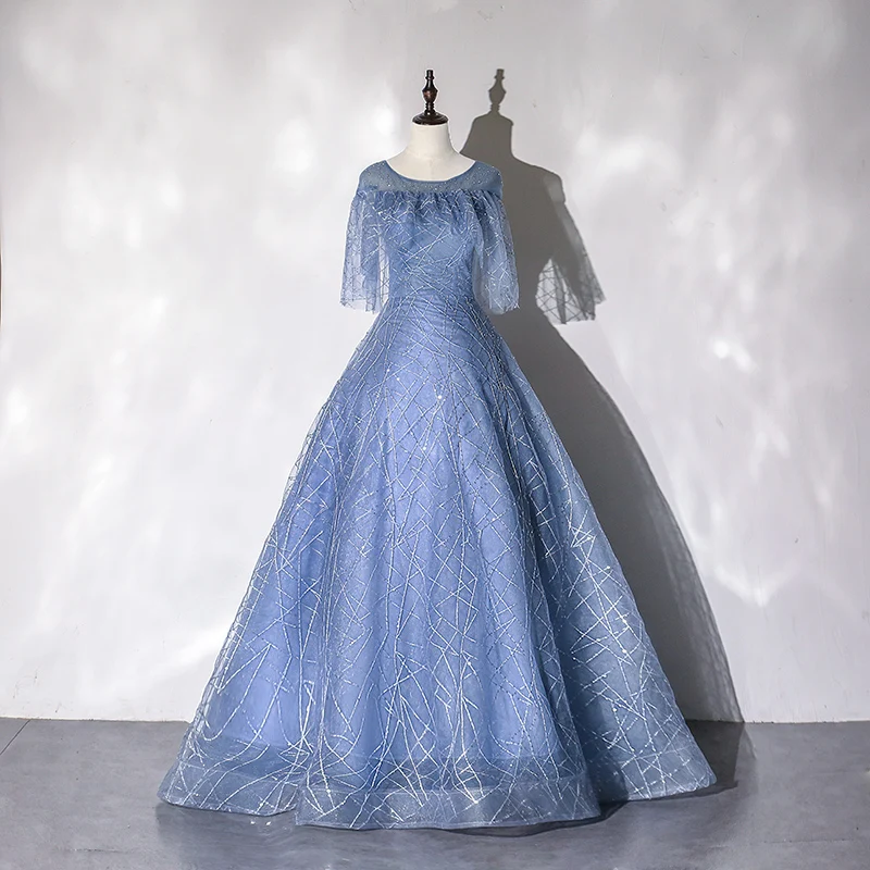 

Женское вечернее платье с коротким рукавом, Элегантное синее бальное платье на завязках сзади, платье для выпускного вечера, 2021