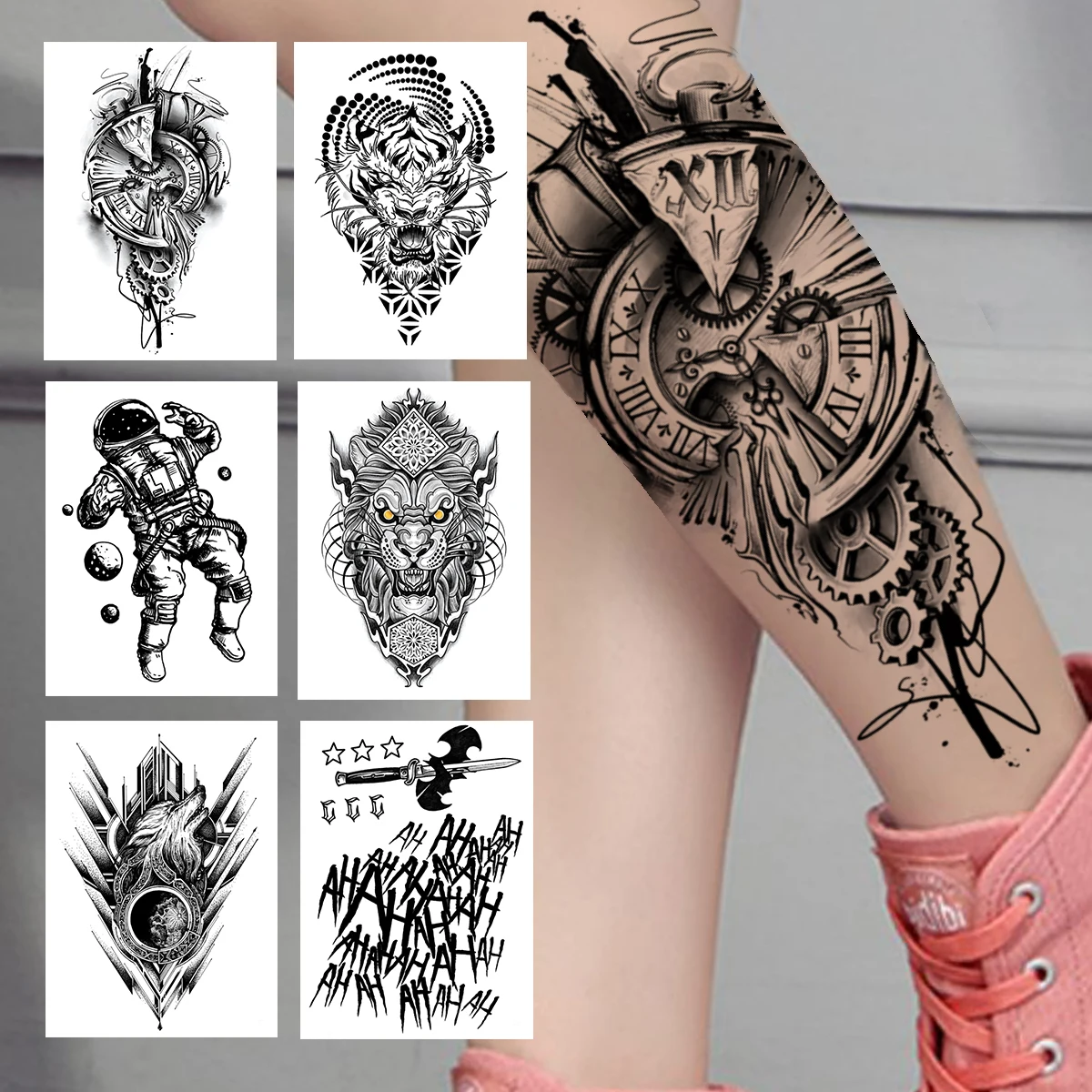 

Compass Gear Temporary Tattoo For Women Men Adult Kids Astronaut Monster Tattoos Sticker Tribal Tiger Black Fake Tatoos Paper