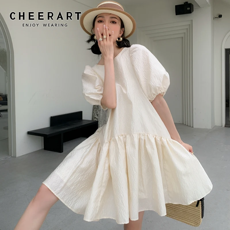 

CHEERART Texture Puff Sleeve Open Back Summer Dress Women Beige Short Sleeve Ball Gown Jacquard Swing Evening Party Dress 2021