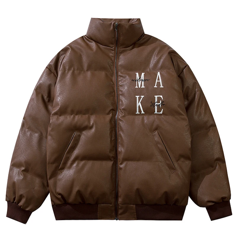 

Mens Loose Letter Embroidery Hipster Streetwear Unisex Winter Harajuku Thick Warm Baseball Parkas Retro PU Leather Parkas Jacket