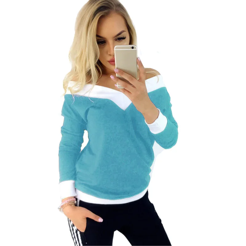 

Cross-border hot style women's loose-fitting, long-sleeved, v-neck and shoulder matching shirt T-shirt