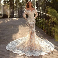 luxury dubai off the shoulder mermaid wedding dresses illusion long sleeves bridal party gown beads pearls robe de mariage