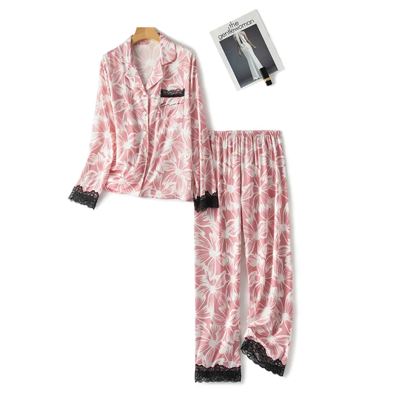 

Spring Summer Women Flower Printed Lace Trim Long Sleeve Pants Pyjamas Homewear Sleepwear 2 Pieces Female Pajamas Set