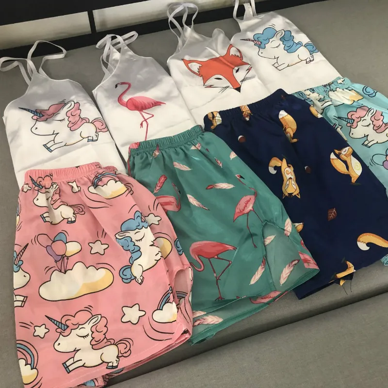 

Animal Cartoon Print Lovely Sleepwear Home Suit Summer V Neck Sexy Pyjamas Women Spaghetti Strap Loose Pijama Satin Femme Cat