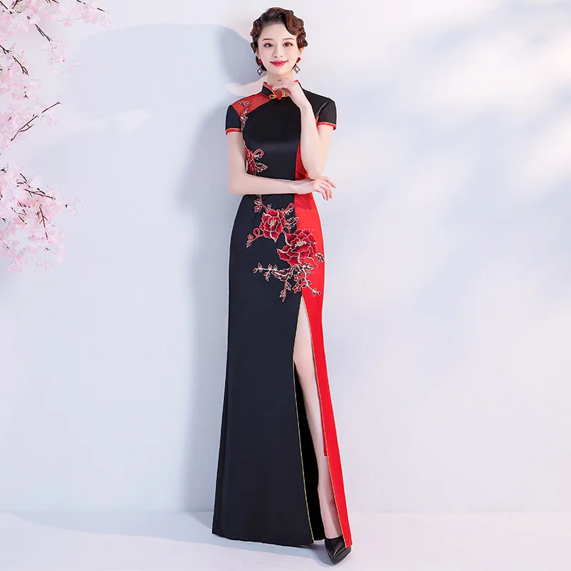 

Black-Red Patchwork Satin Chinese Dress Big Size 3XL Women Qipao Sexy Applique Flower Cheongsams Vintage Formal Party Vestidos
