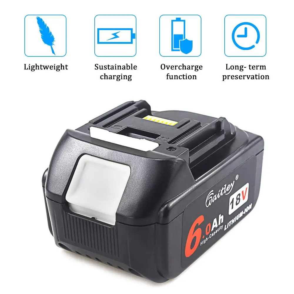 Waitley 18 V 6000mAh 18V 6.0Ah Перезаряжаемый для электроинструментов Makita Аккумулятор со светодиодный литий-ионным аккумулятором BL1860B BL1860 BL1850