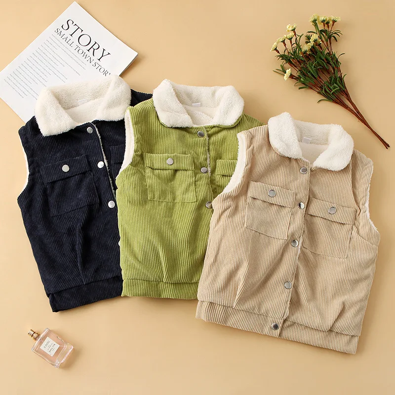 

Hot Sale Children 3-8 Years Brown Cotton Small Fragrant Autumn Winter single-breasted Cardigan Lamb Vest Capless Tops