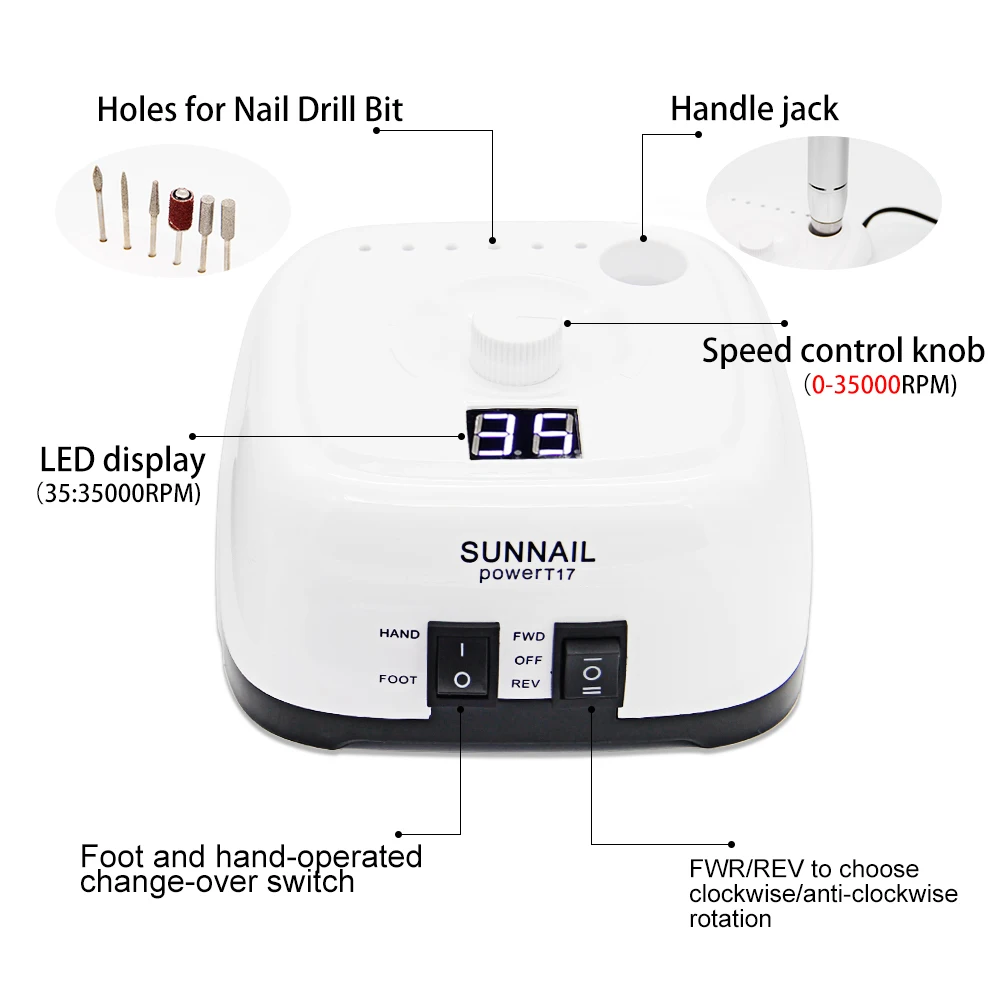 Strong SUN Electric Nail Drill 35000rpm Manicure Machine Pedicure Tools Accessoires Drill Bits File Nail Art Equipment With LCD