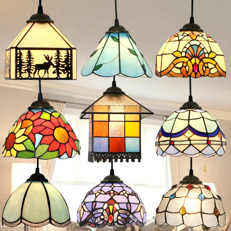 Modern Tiffany Baroque Stained Glass Suspended Luminaire E27 Led Iron Chain Pendant Light Lamp For Home Parlor Dining Room